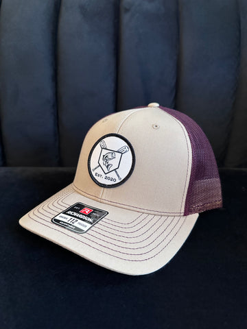 Tan and Maroon Patch Trucker